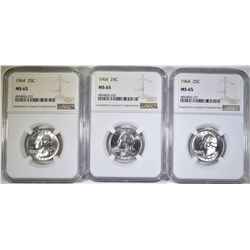 3-1964 WASHINGTON QUARTERS NGC MS-65