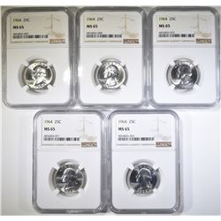 (5) 1964 WASHINGTON QUARTERS NGC MS65