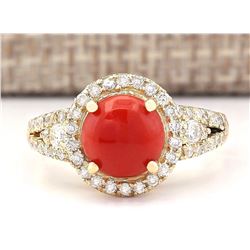 2.40 CTW Natural Coral And Diamond Ring In 14k Yellow Gold