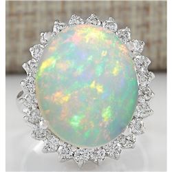 9.01 CTW Natural Opal And Diamond Ring 14K Solid White Gold