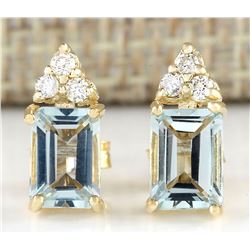 2.65 CTW Natural Aquamarine And Diamond Earrings 18K Solid Yellow Gold