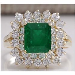 2.87 CTW Natural Emerald And Diamond Ring 14K Solid Yellow Gold