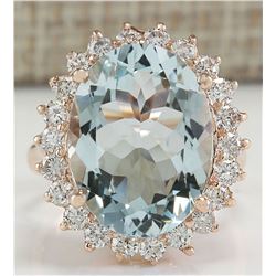 8.40 CTW Natural Aquamarine And Diamond Ring In 18K Solid Rose Gold