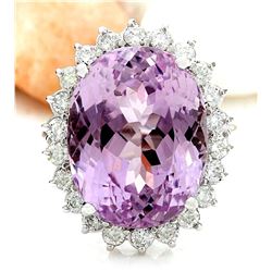 23.73 CTW Natural Kunzite 18K Solid White Gold Diamond Ring