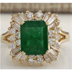3.82 CTW Natural Emerald And Diamond Ring 14K Solid Yellow Gold