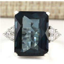 14.60 CTW Natural London Blue Topaz And Diamond Ring In18K Solid White Gold