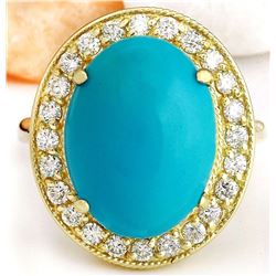 9.12 CTW Natural Turquoise 14K Solid Yellow Gold Diamond Ring