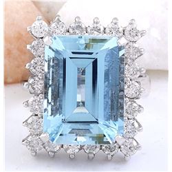 12.99 CTW Natural Aquamarine 18K Solid White Gold Diamond Ring