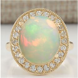 5.60 CTW Natural Opal And Diamond Ring 18K Solid Yellow Gold
