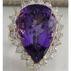 17.67 CTW Natural Amethyst And Diamond Ring In 14K Solid Yellow Gold