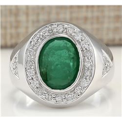 3.15 CTW Natural Mens Emerald And Diamond Ring In 18K White Gold