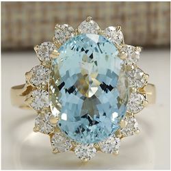 7.24 CTW Natural Aquamarine And Diamond Ring In 18K Solid Yellow Gold