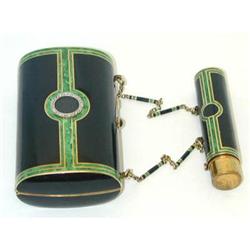 2954 Antique 14K Gold Enamel Powder Case set w/Dia