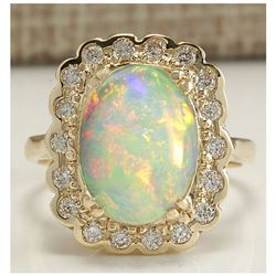 2.95 CTW Natural Opal And Diamond Ring In 18K Solid Yellow Gold