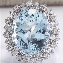 15.86 CTW Natural Aquamarine And Diamond Ring In 18K White Gold