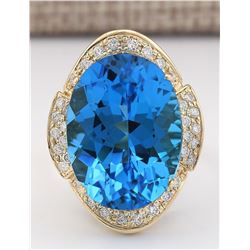 24.20 CTW Natural Blue Topaz And Diamond Ring In 14k Yellow Gold