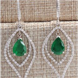 6.98CTW Natural Emerald And Diamond Earrings 14K Solid White Gold