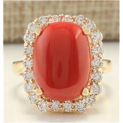 10.13 CTW Natural Coral And Diamond Ring In 14k Yellow Gold