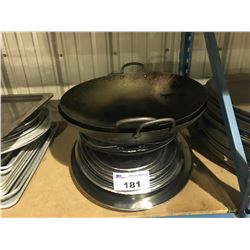 STACK OF LARGE METAL SERVING TRAYS & WOKS