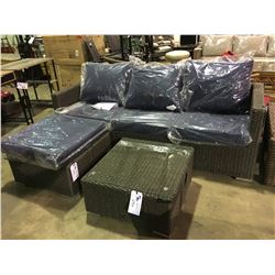 PATIOFLARE NICOLE GREY RATTAN / BLUE CUSHION 3 SEAT OUTDOOR PATIO SOFA SET WITH OTTOMAN & SIDE