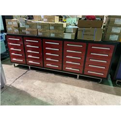 NEW 2020 STEELMAN 9'-5" WORK BENCH WITH 25 DRAWERS 112 X 26 X 39 PACKED IN PLASTIC. DRAWERS WITH