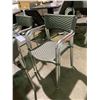 Image 2 : 32" SQUARE FOLDING SLAT TOP OUTDOOR PATIO TABLE WITH 6 CHROME / PLASTIC RATTAN STACKING ARM CHAIRS