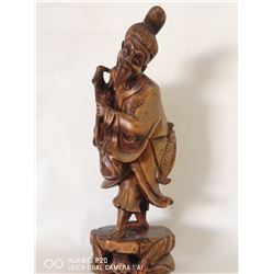 HAND CARVED WOODEN JAPANESE FISHERMAN STATUE