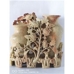 BURMESE JADE CARVED SUNFLOWER AND POTS SCULPTURE