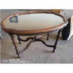 WALNUT SIDE TABLE WITH GLASS INLET TOP. 27" X