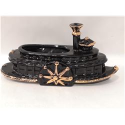MID CENTURY MODERN BLACK AND GOLD CERAMIC BOAT