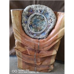 LARGE BISMUTH GEODE ON TOP OF A CUSTOM CARVED WOOD
