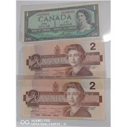 LOT OF 2, 1986 CANADIAN 2 DOLLAR NOTES AND A 1