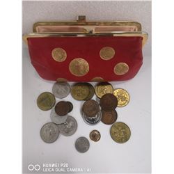 VINTAGE CHANGE PURSE WITH VARIOUS TOKENS AND COINS
