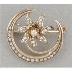 Victorian seed pearl and diamond crescent pin #1180974