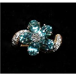 Estate Sky BlueTopaz Diamond  Flower Ring Gold #1181249