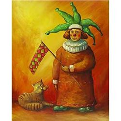 Funny "Clown and cat" impressionism oil #1193953