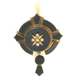 Victorian Jet & Seed Pearl Pin in 14k Y Gold #1193984