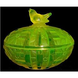 Czech Bohemian VASELINE Candy Dish Bird Finial #1207077