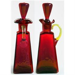 Red Glass Tall Square Cruet Yellow Handle #1207564