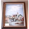 Image 1 : Original Oil on Canvas Fishing Village Art #1209363