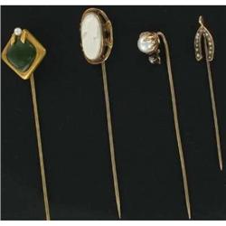 LOT of four Gold Stick Pins-Cameo,Jade,Diamond,#1209815