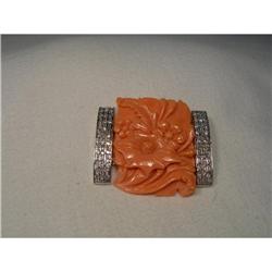 Estate 14K WG Gold Diamond Coral Floral Brooch #1209915
