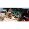 Image 1 : BOX OF CURTAINS, LINENS, CANDLES AND STANDS, WOOD BOX AND BOX OF WATER BOTTLES AND ARTIFICIAL PLANT