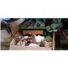 Image 2 : BOX OF CURTAINS, LINENS, CANDLES AND STANDS, WOOD BOX AND BOX OF WATER BOTTLES AND ARTIFICIAL PLANT