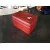 Image 1 : Red record storage hassock ottoman with collectibles