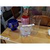 Image 1 : ART GLASS PEDESTAL DISH, FIRST NATIONS VASE, HAND PAINTED BLUE VASE AND GLASS VASE
