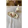 Image 1 : 2 FENTON HAND PAINTED ARTIST SIGNED BELLS - LARGE ONE DOES NOT HAVE RINGER AND ENGLISH DRESSER DISH