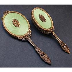 Green Guilloche Enamel and Brass Dresser Set #1178010