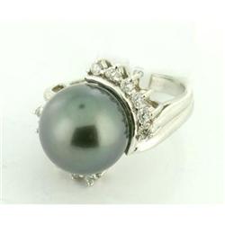 Vintage 13.5mm Black Pearl & Dia 14k Gold Ring #1238851