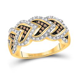 1/4 CTW Womens Round Brown Diamond Cascading Heart Band Ring 10kt Yellow Gold - REF-30V7Y